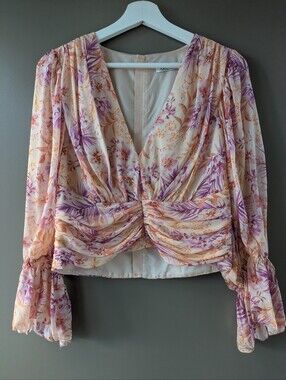 AMUR Gitana Silk Ruched Crop Blouse Cantaloupe Rosa Floral Zipper - Medium